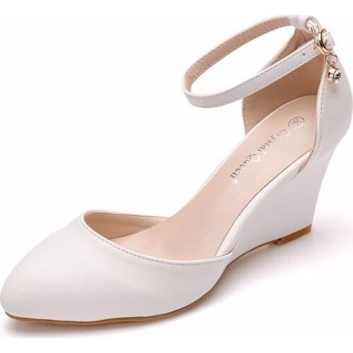Women sandals wedding Party banquet PU Buckle Strap 7.5CM Wedges High Heels Pointed Toe sandal for women shoes size 35-42 white