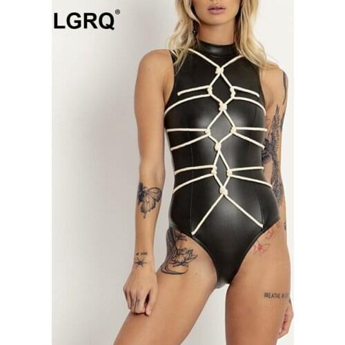 [LGRQ] Skynniy Sexy Lingerie Bandage Skinny Women PU Bodysuits New High Waist Fashion Tide Autumn Winter 2021 19D2716