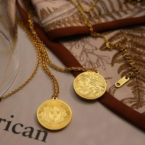 Vintage Necklace for Women Stainless Steel Moon Sun Face Coin Pendant Aesthetic Pendant Golden Chain Jewelry Clothing Gift BFF