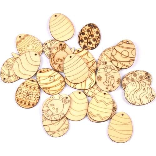25Pcs Natural Wood Pendant Mixed Easter Eggs Rabbit Wooden Hanging Ornaments Crafts Supplies DIY Home Party Decoration m2674