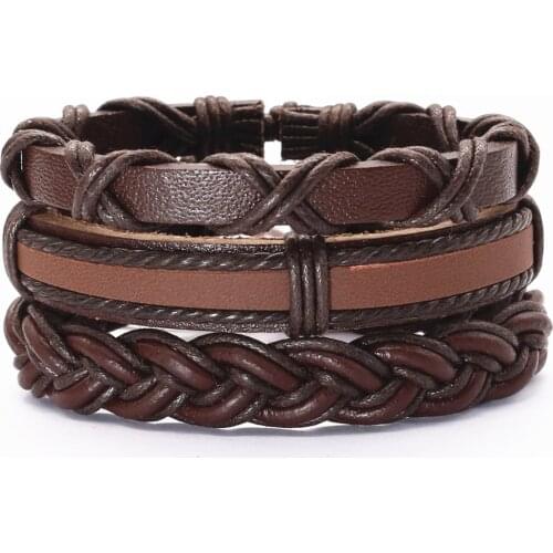 3 Pcs/set Punk Vintage Brown Genuine Leather Bat Cross Guitar Tree Charm Men Bracelets For Women Bangles Homme Gift Jewelry