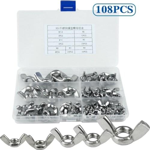 98pcs Wing Nut assortment kit M3 M4 M5 M6 M8 M10 M12 Stainless Steel Wingnuts butterfly nuts for drum bicycle DIN315