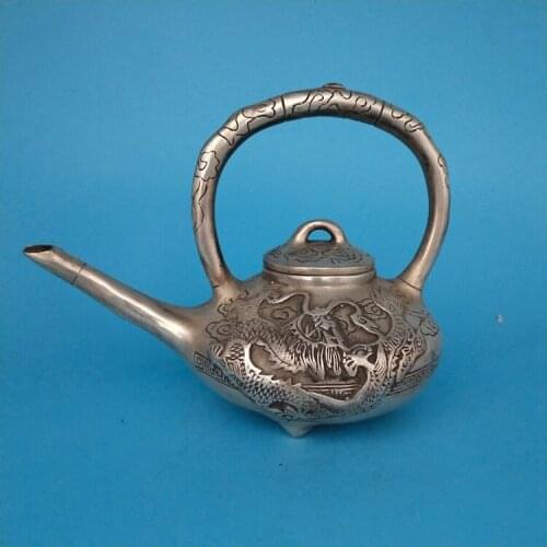 Antique QingDynasty silver dragon teapot, hand -Carved pot, Home Decoration,best collection & adornment