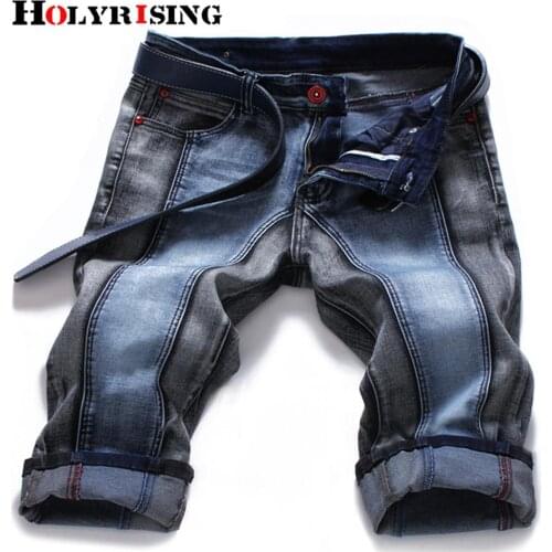 Holyrising Men Casual Denim Stylish Elastic Ripped Mid Waist Slim Fit Patchwork Knee-Length Denim Short Pockets Size 27-46