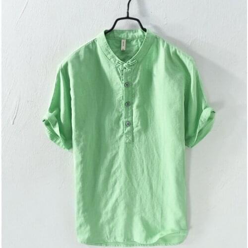 Cotton and linen brand men t shirt summer green t-shirt for men stand collar breathable t shirts male solid tshirt mens camiseta
