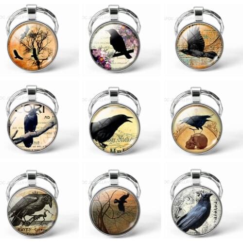Crow Gothic Keychain Fashion Glass Cabochon Jewelry Raven Photo Punk Pendant Steampunk Key Chain Men Women Gifts