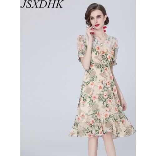 JSXDHK 2021 Summer Ladies Short Puff Sleeve Dress Fashion Women Organza Turn Down Collar Flower Printed Chiffon Trumpet Dresses