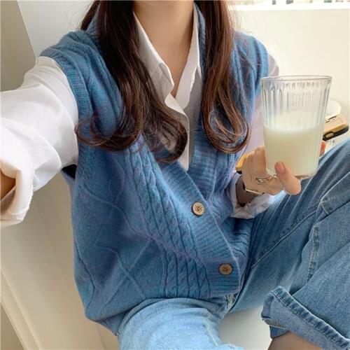 Gkfnmt 2020 New Oversize V-Neck Single-breasted Camel Sweater Cardigan Women Autumn Loose Knitted Vest Female Outerwear