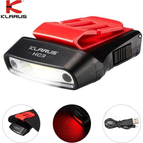 KLARUS HC3 Motion-Sensing Headlight 4500K max 100 Lumen USB Rechargeable Headlamp Cap Hat Visor Red Light 500mAh li-ion battery