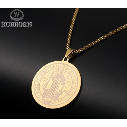 HOBBORN Classic Saint Benedict Medal Pendant Necklaces Women 316L Stainless Steel Pendant Bible Cross Necklace Christian Jewelry