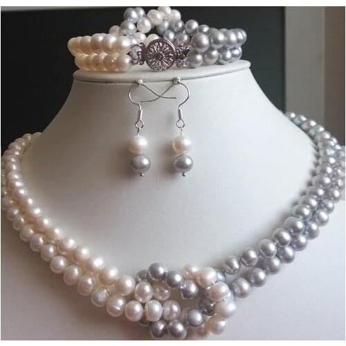 Pearl Jewelry Set 2Rows 7-8MM Natural White Gray Freshwater Pearl Necklace Bracelet Earrings Birthday Wedding Party Gift Jewelry