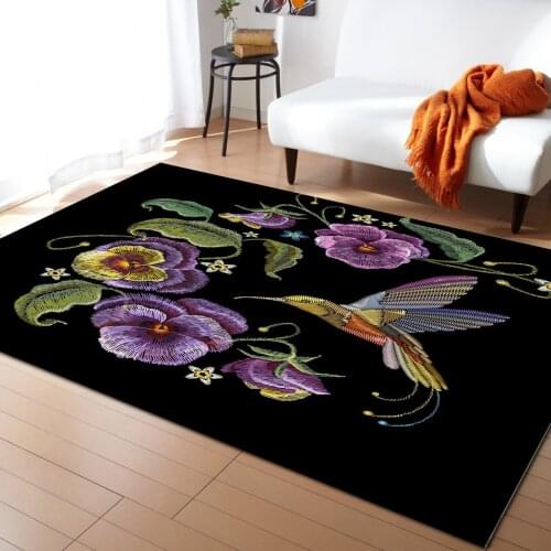 Violet Flower Hummingbird Animal Art Carpets for Living Room Bedroom Area Rug Kids Room Play Mat 3D Printed Home Large Carpet