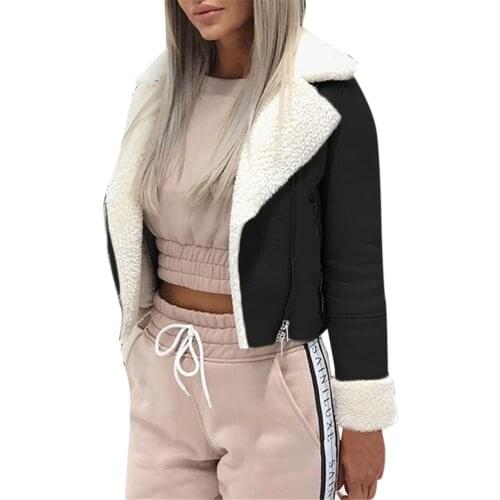 Women Winter Coat Top Autumn Female Lapel Suede Leather Buckle Cool Pilot Jacket Faux Lamb Wool Motorcycle Jackets #F