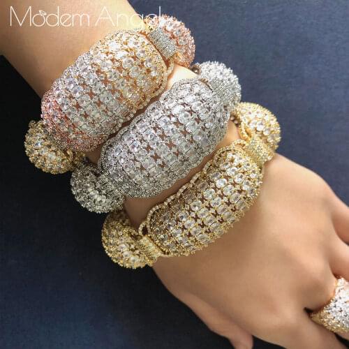 ModemAngel Simple Fashion Brand Ladies Jewelry Gold White Color Bar Cubic Zirconia Ring and Bracelet Sets for Women