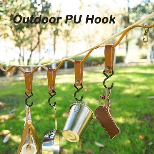 4PCS Outdoor PU Hook 12.5x2CM Nylon Anti-Wear Metal Button Hanger Camping Hiking Picnic Hanging Rack Cookware Tableware Bag Hook