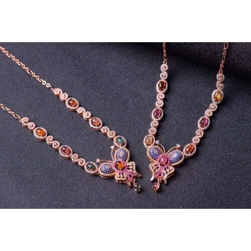Natural multicolor tourmal Necklace Natural Gemstone Pendant Necklace S925 sliver women Luxury trendy butterfly party Jewelry
