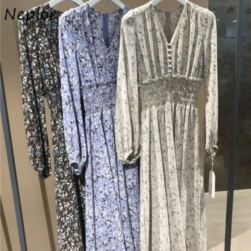 Neploe V Neck Flower Print Slim Waist Dresses Japan Style New Fashion Vintage Vestidos Fresh Chic Button Long Women Dress
