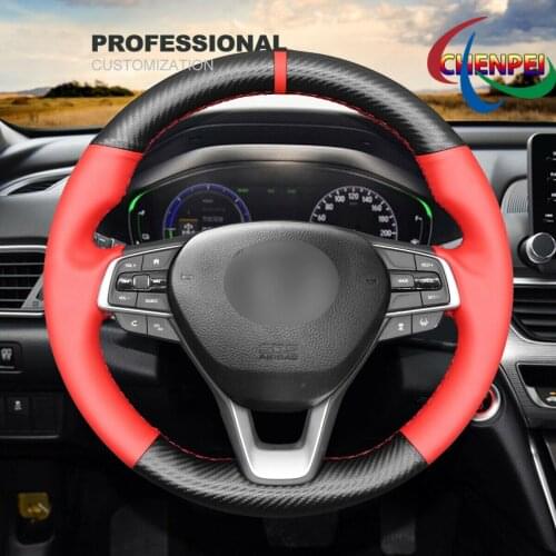 DIY Hand-Sewn Carbon Fiber Red PU Leather Car Steering Wheel Cover For Honda Accord 10 th Insight Car Interior Accessories