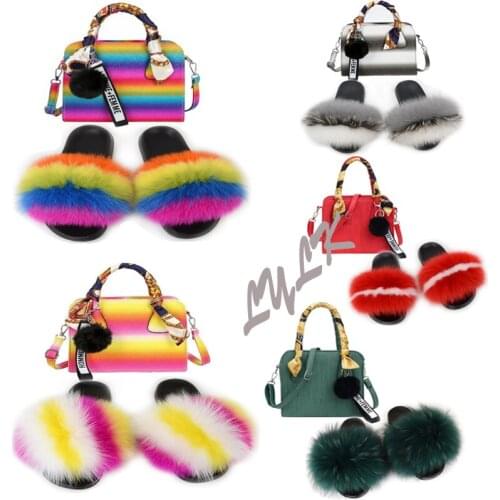 Female Shoulder Bag Totes Bags Fashion Messenger Handbag Set Womens Fox Fur Slippers Ladies Fluffy Slides Colorful Furry Shoes