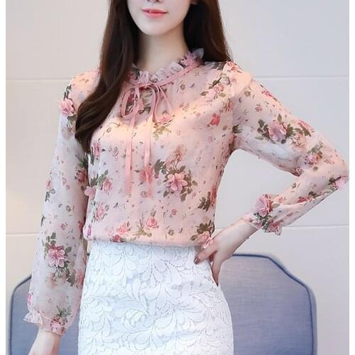 New women blouse shirt fashion 2020 long sleeve sweet print womens clothing applique ruffled neck feminine tops blusas 358F