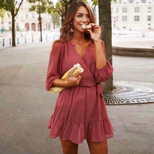 New Summer Women Ruffles Lace Chiffon Dress Sexy V-neck Boho Mini Beach Dress Three Quarter Sleeve Ladies Party Dresses Vestido