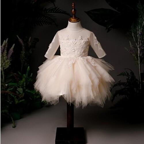 Champagne Lace Baby Girls Dresses Toddler 1st Birthday Princess Appliques Christening Gown Newborn Infant Baptism Party Clothes