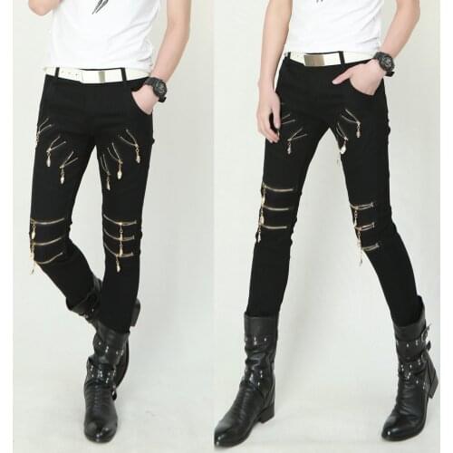 Gothic Punk Mens Multi Zippers Pencil Pants Mid Rise Skull Decor Slim Trousers Slim Fit Black Hip hop Jogger 2Styles