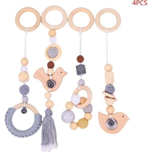 4 Pcs/Set Baby Gym Frame Stroller Hanging Pendants Wooden Ring Teether Molar Toy 425F