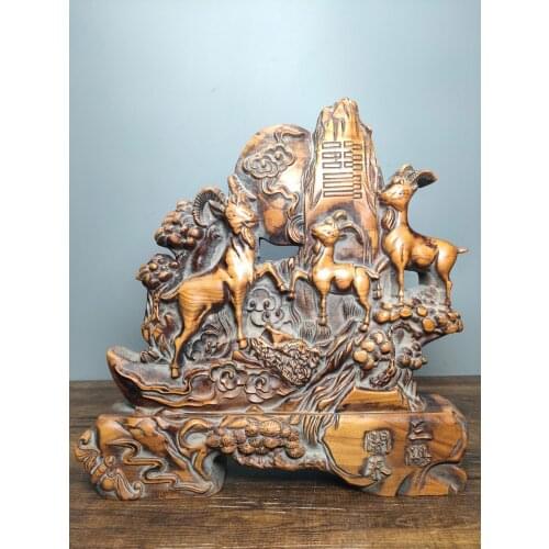 Home Decor 12"China Collection Old Boxwood Enjoy the screen Goat statue Sanyang (Sheep) Kaitai Hang screen screen Lucky Ornament