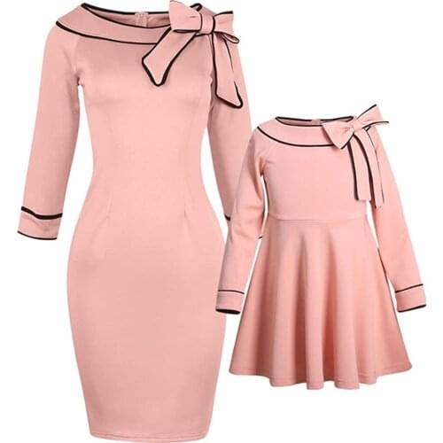 Elegant Bowknot dresses for girls Parent-child Pink Mother and Girls Clothes Family Look Woman Clothes Family Matching Costume