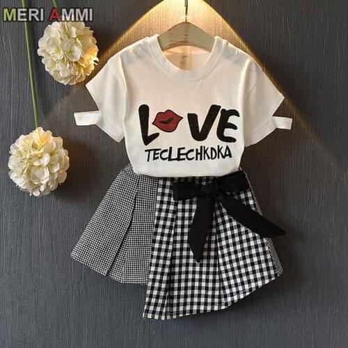 MERI AMMI 2pcs Children Girl Clothing Outfit Set O-neck T-shirt+Plaid Bowknot Skirts For 2-9 Year Toddler Baby Girl J786