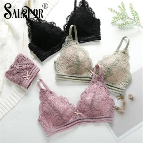 SALSPOR Women Lace Bra Sets Sexy Triangle Cup Bralette Wireless Soft Lingerie Breathable Female Underwear Suit