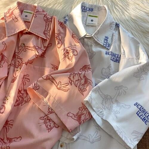 Harajuku Cat Tom Shirt Mouse Jerry Oversized Cartoon Blouse Casual Fashion Kawaii Unisex Shirt For Women Girl Button Tops