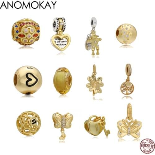 Trendy Mix Style Gold Color Leaf Butterfly 925 Silver Charms fit Bracelet Gold Color Plant Insect Bead for DIY Jewelry Making