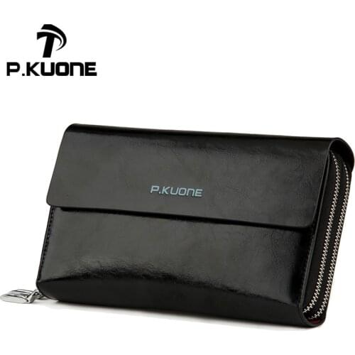 P.kuone fashion brand men bag genuine leather handbag business men clutch bags double zipper large capacity hand bag