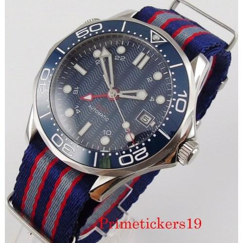 Bliger 41mm GMT Function Automatic Mens Wristwatch Sapphire Crystal Auto Date Nylon Strap Solid Back