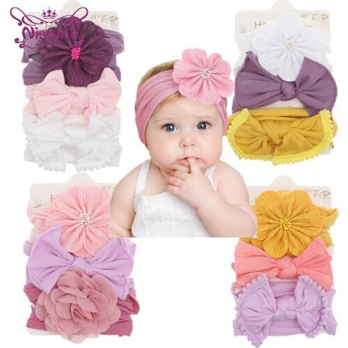 Nishine 3Pcs/Set Baby Girls Bowknot Headbands Flower with Pearl Kids Knot Headwraps Newborn Birthday Gifts Photo Props