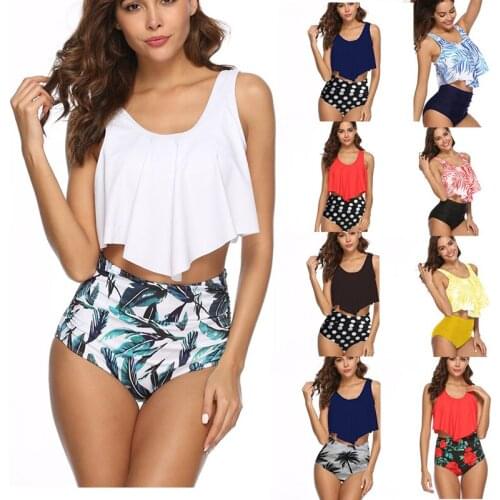 2021 New Women Bikini Sports Models Large Size Sexy Pleated High Waist Cover Belly Swimsuit Female Bikini Swimsuit