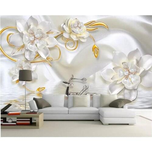 Custom 3D Wall Murals Wallpaper Luxury 3D Relief Deer White Silk Pearl Jewelry Flower Large Wall Painting Living Room Bedroom