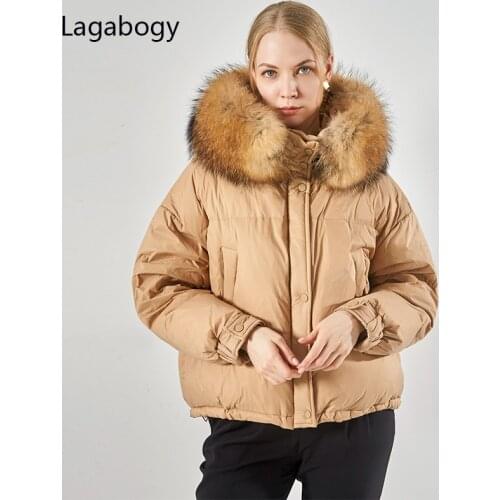 Lagabogy 2021 Huge Real Fur Collar Hooded Winter Women Warm Parka White Duck Down Coat Female Loose Thick Waterproof Snow Jacket