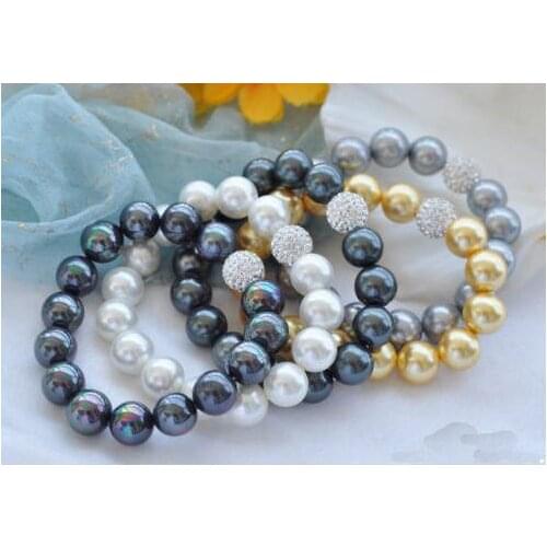 Luck Jewelry Store Wholesale Stretch 8'' 12mm Round Shell Pearl Diamonds Bracelet Birthday Party Fashion Jewelry Women Gift