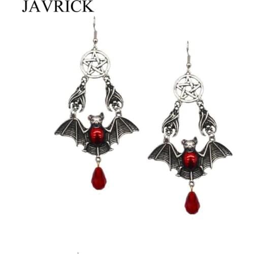 Vintage Red Vampire Bat Pendant Drop Earrings Gothic Victorian Jewelry