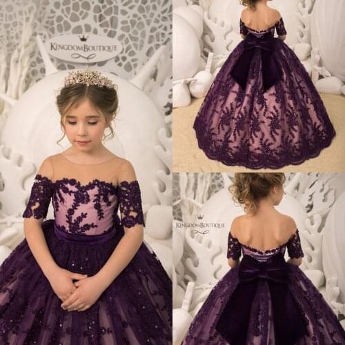 Vintage Purple Ball Gown Flower Girl Dresses For Wedding Beaded Lace Short Sleeve Toddler Girls Pageant Dress Kids Formal Wear