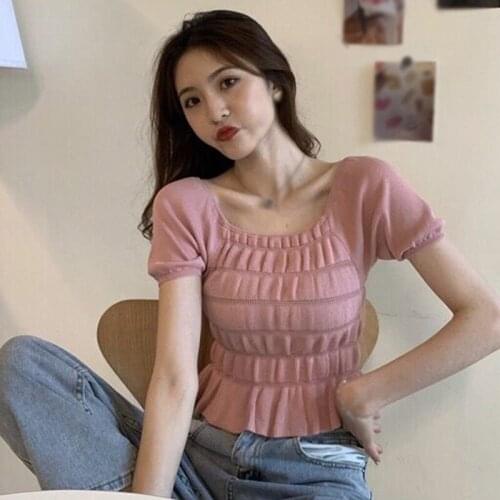 Knitted T-shirts For Women Trendy Wild Solid Color Top 2020 New Square Collar Short Sleeve T Shirt