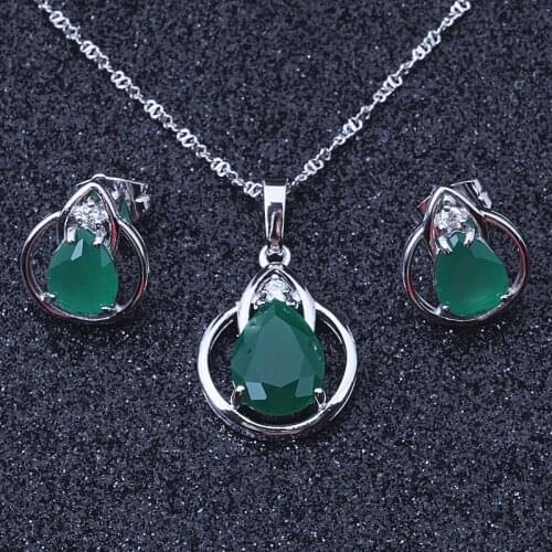Love Monologue Top Quality Green Imitation Emerald Cubic Zirconia Pendant Necklace Stud Earrings Jewelry Sets for Women X0425