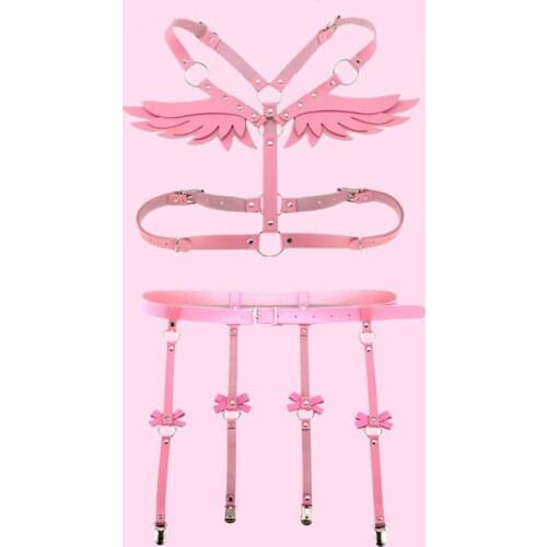 Leather Harness Bondage Women Pink Leather Angel Wings Gothic Garter Belt Set Adjustable Suspenders Waistband Punk Sexy Lingerie