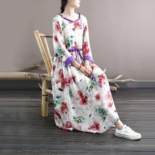 Women Loose Ramie Printed Waisted Autumn Spring Dress Ladies Vintage Dress Female 2021 Dresses