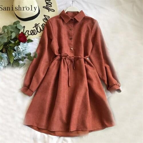 Sanishroly New Autumn Winter Women Long Sleeve Corduroy Dress Sashes Tie Bow A-Line Dresses Female Midi Long Dress Vestidos S745