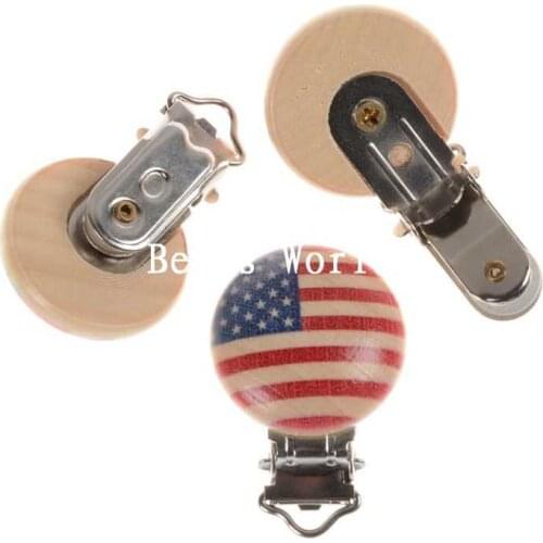 5 Natural Color Round Wood Baby Pacifier Clip Holders US Flag Pattern Infant Soother Clasps Funny Accessories 45x29mm