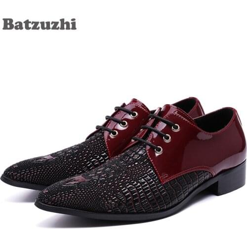 Batzuzhi Luxury Handmade Men Shoes Genuine Leather Dress Shoes Lacing Up Wine Red/Black Formal Designers Wedding/Business Shoes